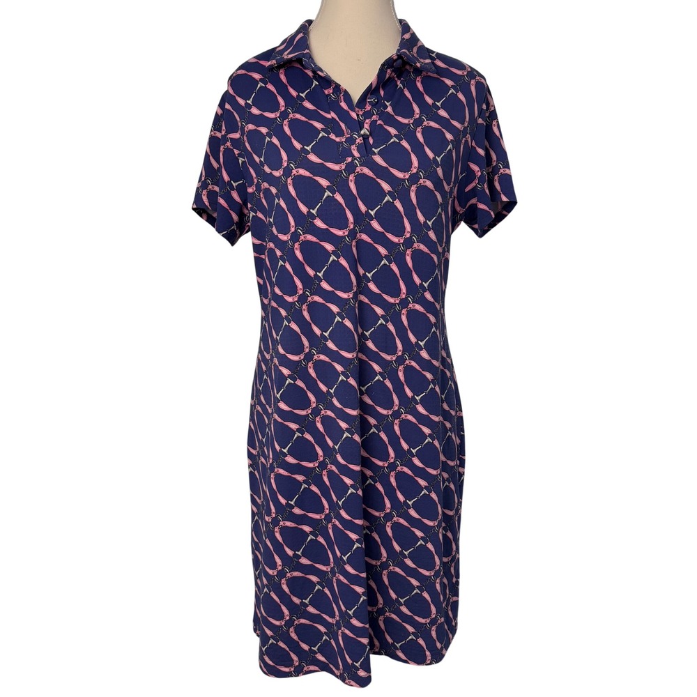 IBKUL Bitty Navy Pink Equestrian Bit Print Polo Golf Polo Dress UPF Medium